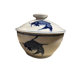 Vintage Koi Carp Fish Covered Serving Bowl BLUE & WHITE Hand Painted